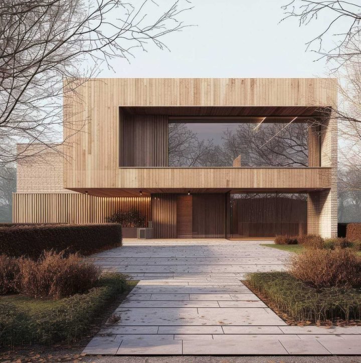 modern house in wood by amanda ereb architekten, in the style of tamron 24mm f/2.8 di iii osd m1:2, stanisław wyspiański, pont-aven school, bauhaus influence, robert gillmor, urban minimalism, architectural grids --ar 51:64 --v 6 Job ID: 3e69746b-97f1-48bd-9e3b-443016ae0fef